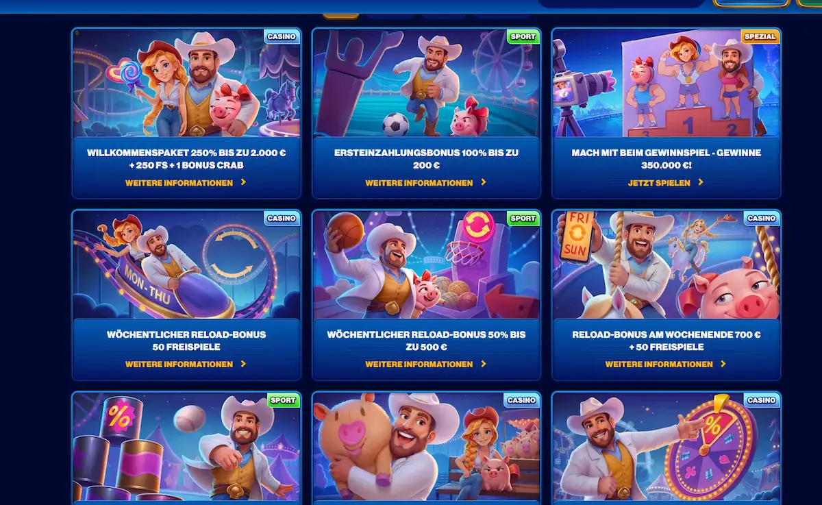 Bonusbereich von Spinsofglory Casino mit Willkommenspaket und Bonus Crab
