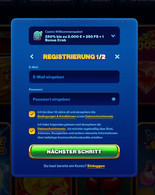Registrierungsformular von Spinsofglory Casino