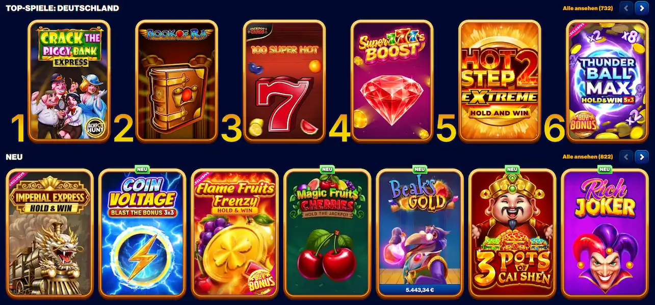 Übersicht der Slot-Kategorie bei Spinsofglory Casino